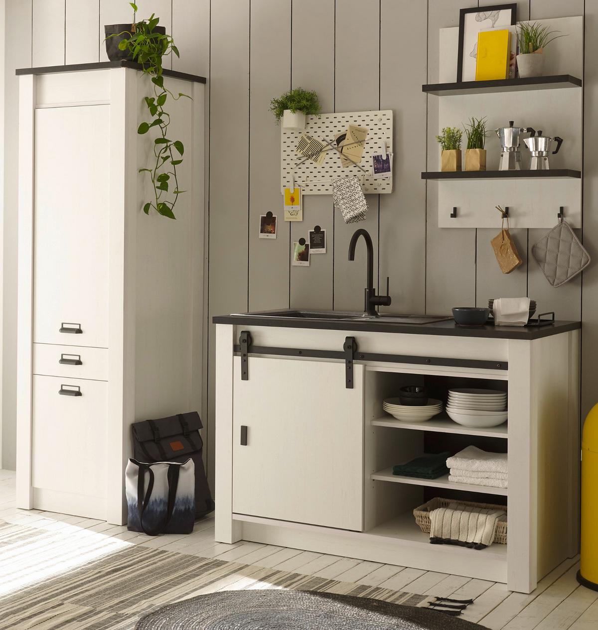 KÜCHE-HOCHSCHRANK weiß Pinie, anthrazit Landhaus 62 x 200 cm, Küchenschrank mit Soft-Close - Anthrazit/Schwarz, Holzwerkstoff/Metall (62/201/64cm) - Furn.Design