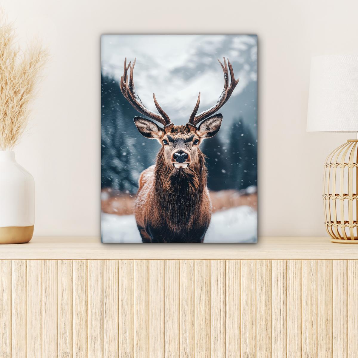 LEINWANDBILD Hirsche - Tiere - Landschaft - Winter - Schnee Room Decor 30x40 cm - Kastanienfarben, Textil (30/40cm) - MuchoWow