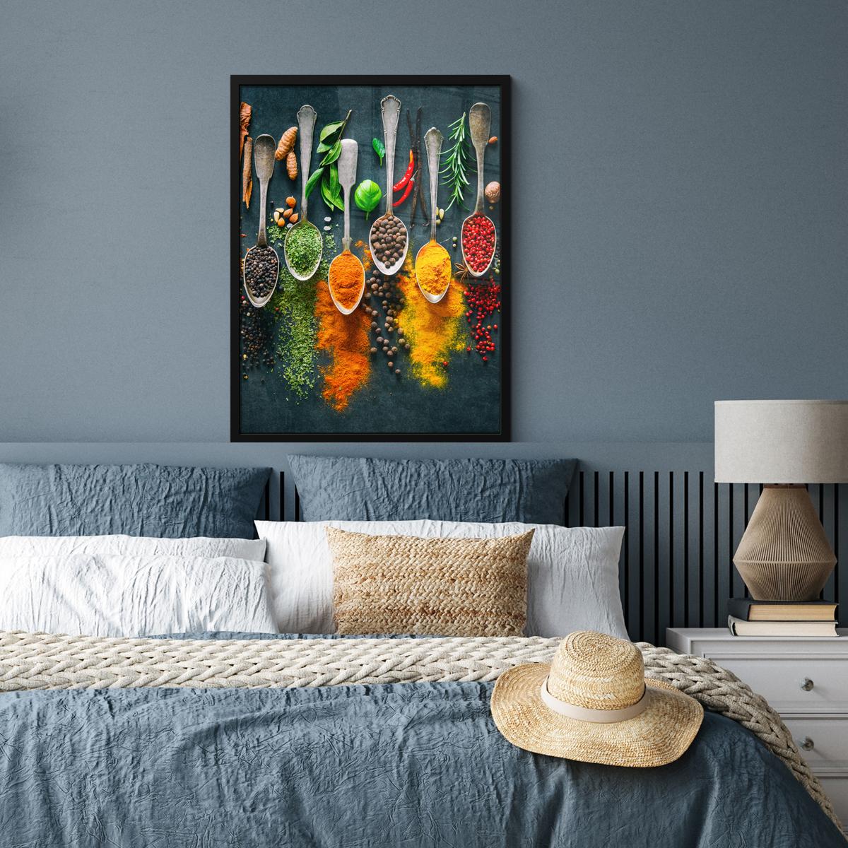 POSTER MIT RAHMENGERAHMTES BILD Kräuter - Gewürze - Löffel Posterleiste 60x80 cm - Currygelb, Papier (60/80cm) - MuchoWow