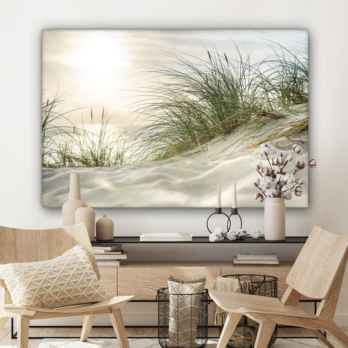 LEINWANDBILD Dünen mit Strandhafer in der Sonne des Nationalparks Schleswig-Holsteinisches Wattenmeer Wohnzimmer Groß 120x80 cm - Creme, Textil (120/80cm) - MuchoWow