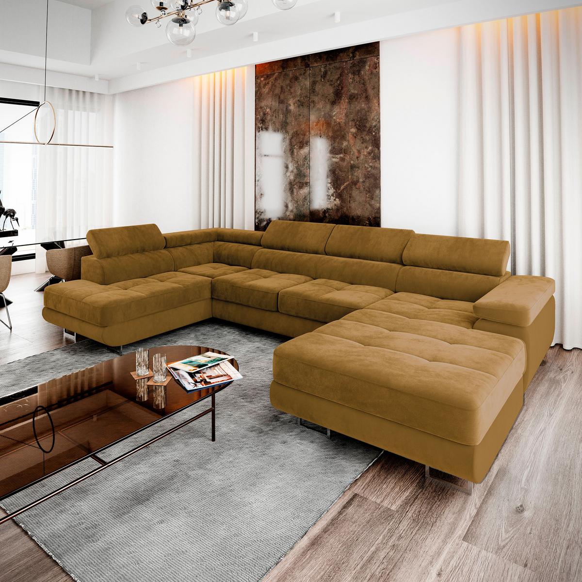 WOHNLANDSCHAFT CASONE L-S Gelb Velours-Stoff mit Schlaffunktion - Gelb/Silberfarben, Holz/Textil (345/90/202cm) - MASSENO