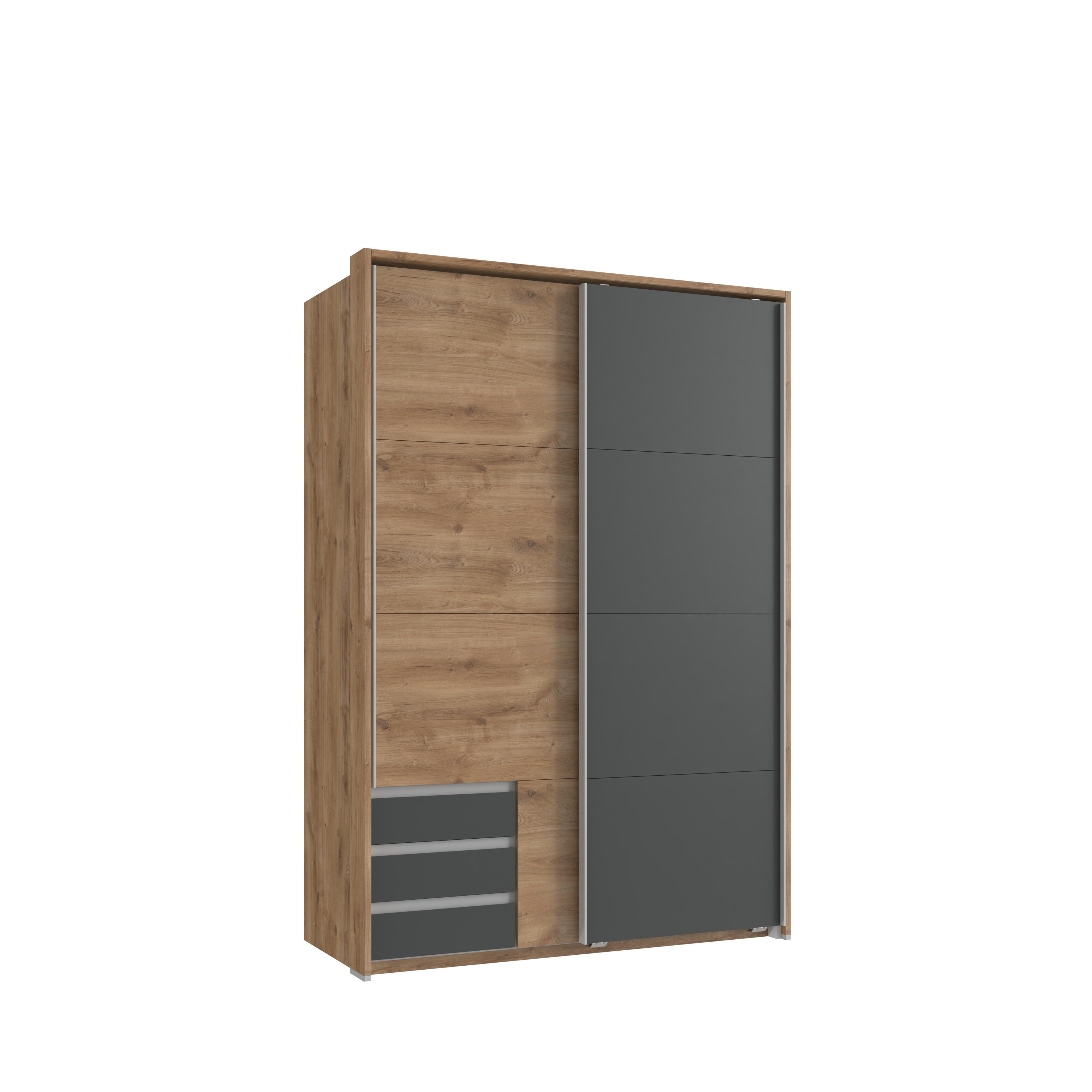 SCHWEBETÜRENSCHRANK 2-türig B138/H200/T65 cm, Passepartout-Kleiderschrank in Eiche Dekor, 1x Tür & sichtbare Schubkästen in Grafit / 22671 - Eichefarben/Graphitfarben, Holz/Holzwerkstoff (138/200/65cm) - luma-home