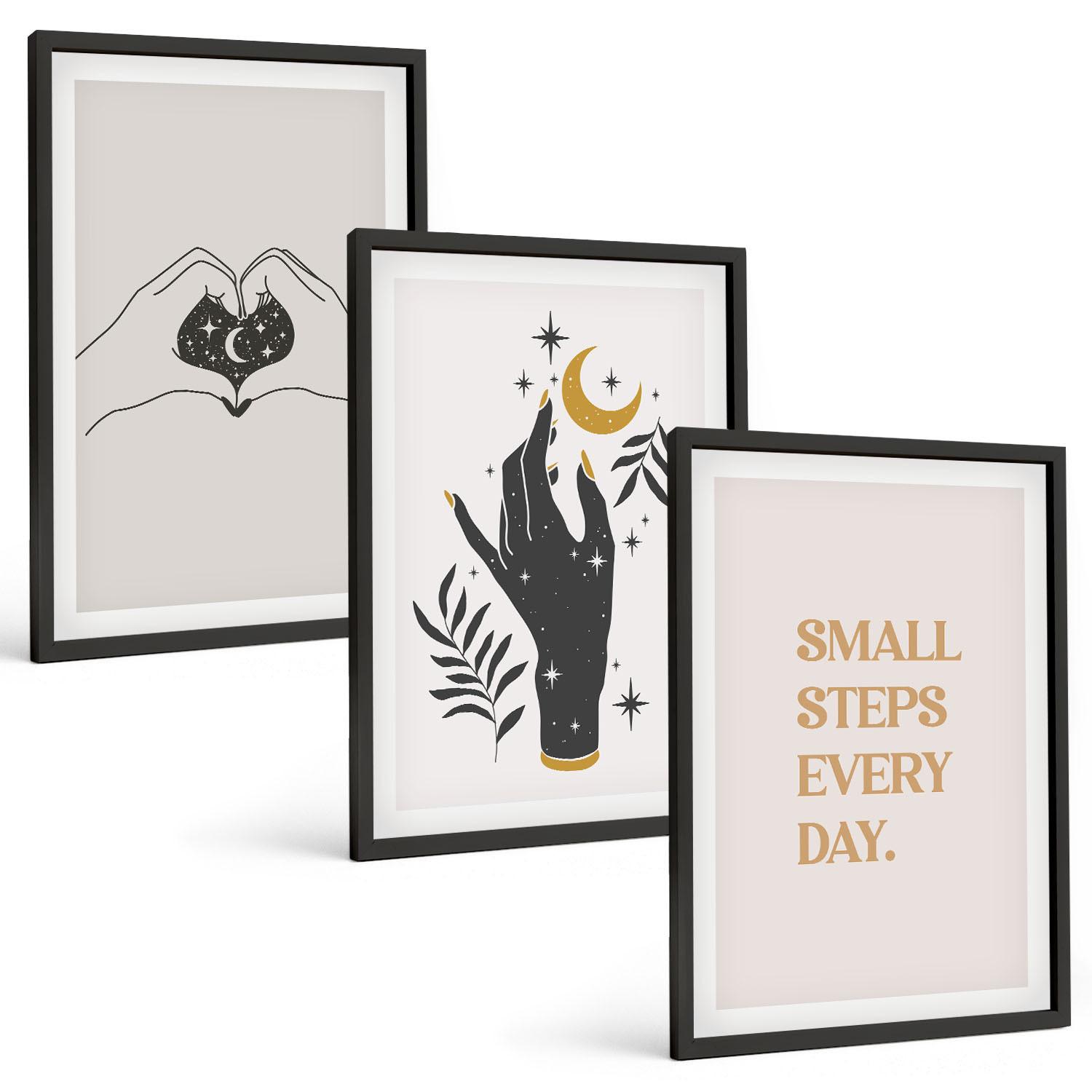 BILDER SET 3er Set - 40x60 cm Schwarzer Rahmen - Minimalistische Boho-Illustrationen - Schwarz, Kunststoff (40/60cm) - TULUP