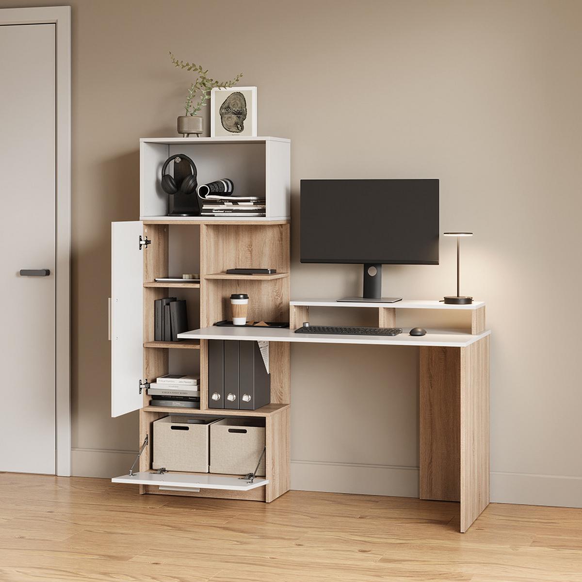 SCHREIBTISCH Lorena Sonoma/Weiß 150 x 120.1 cm mit 2 Türen - Weiß/Sonoma Eiche, Holzwerkstoff (59.3/150/120.1cm) - Livinity®