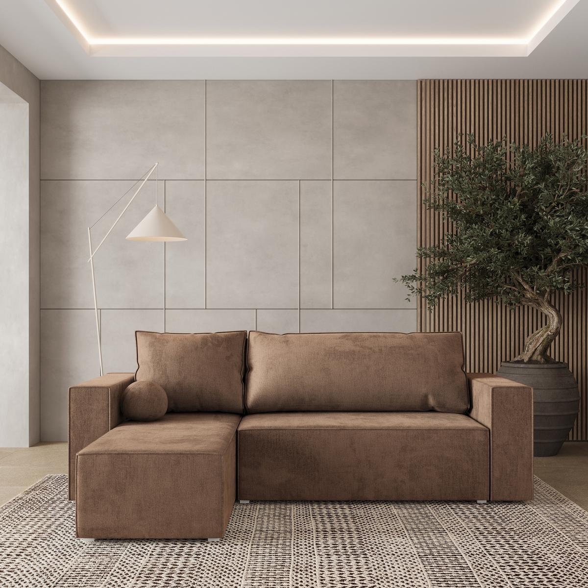 ECKSOFA RAVELO M Beige Velours-Stoff mit Schlaffunktion - Beige/Grau, Holz/Kunststoff (240/140cm) - MASSENO