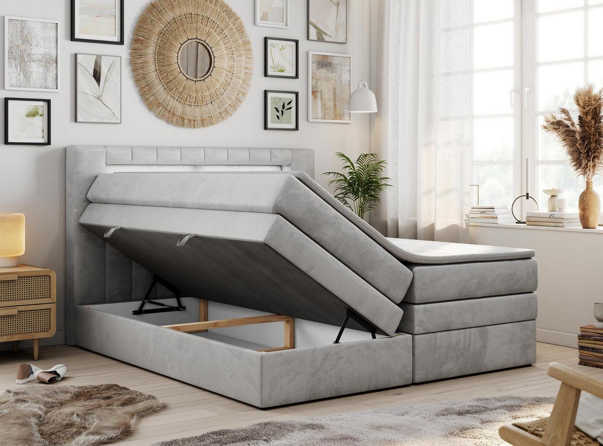 BOXSPRINGBETT GOLD-5 KING LED 200/200 Hellgrau Velvet - H4 - Hellgrau, Holz/Textil (200/200cm) - MKS