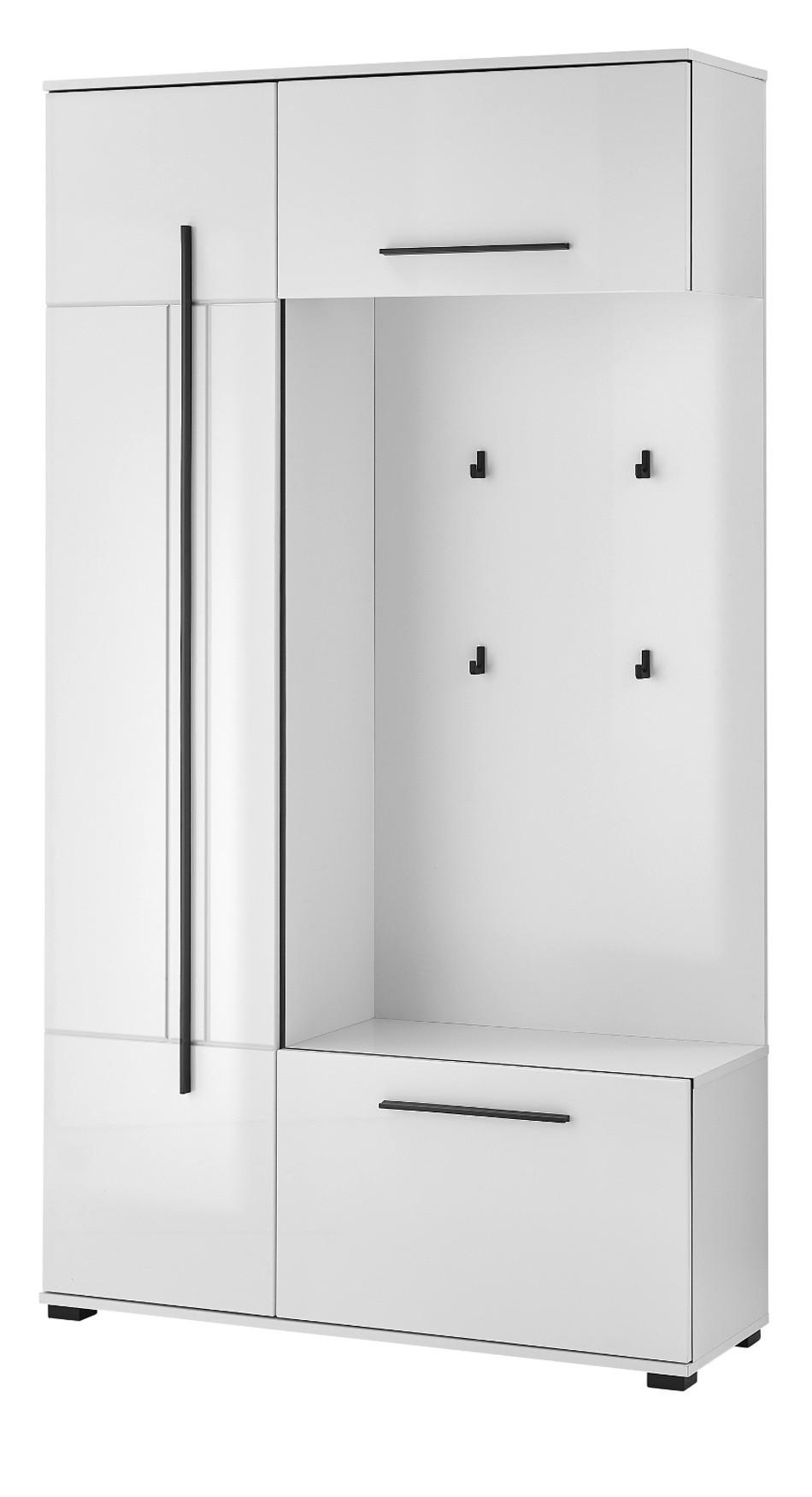 KOMPAKTGARDEROBE weiß Hochglanz 111 x 200 cm, Garderobe mit Soft-Close - Weiß Hochglanz/Schwarz, Holzwerkstoff/Kunststoff (111/200/37cm) - Furn.Design