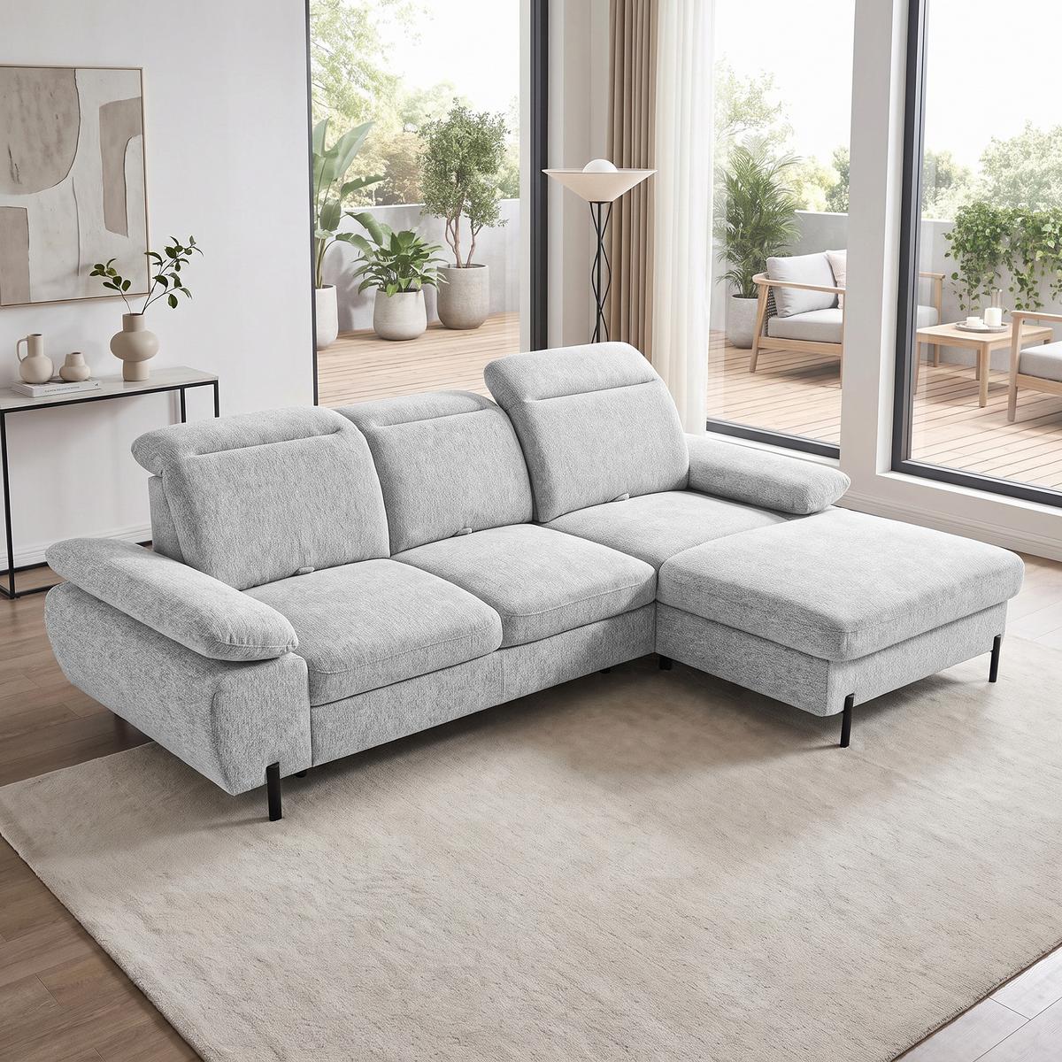 ECKSCHLAFSOFA Sora Mini mit verstellbaren Kopfstützen und Schlaffunktion, Chenille-Stoff, Hellgrau, Rechts - Hellgrau/Schwarz, Textil (190/285cm) - Beautysofa