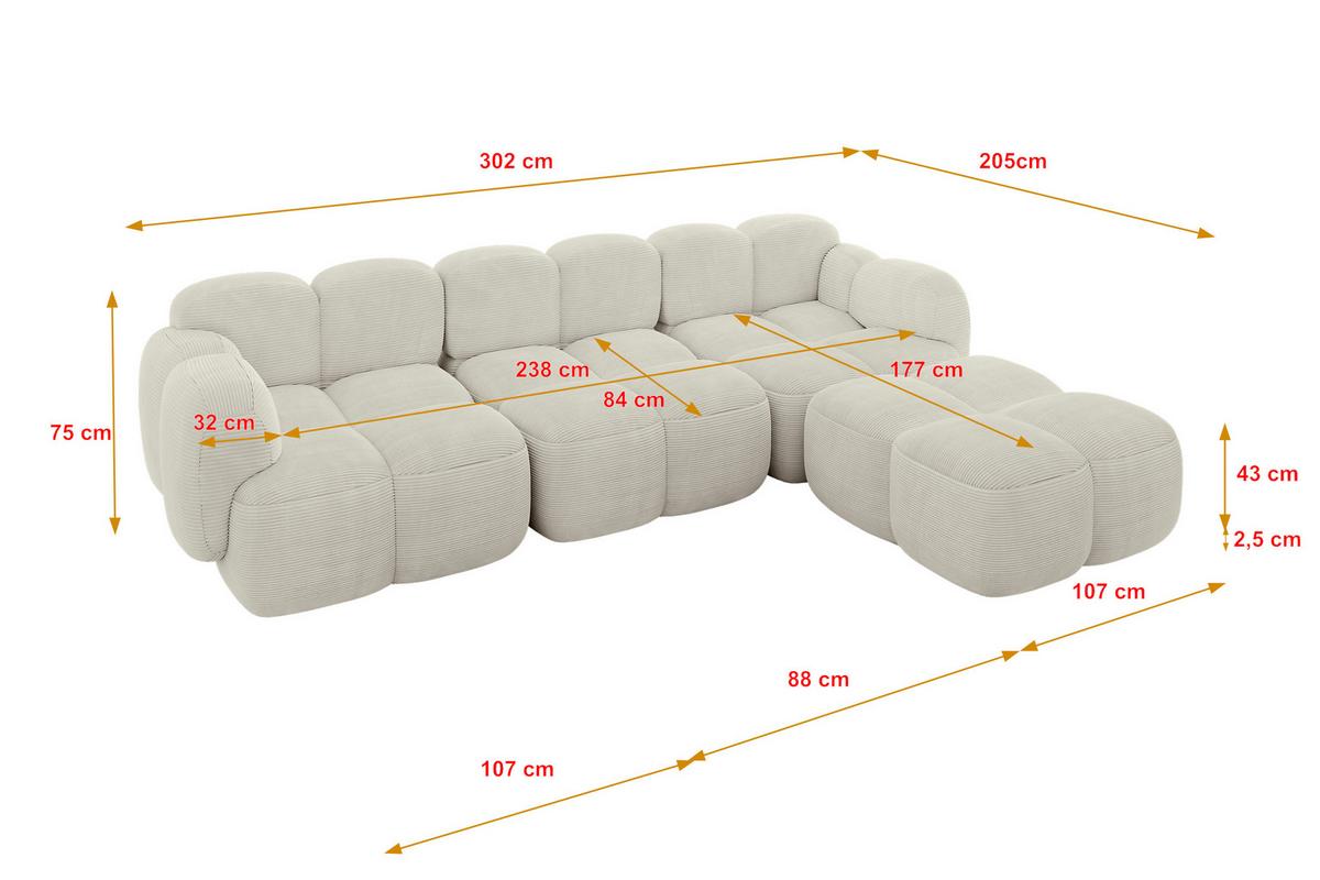 ECKSOFA modulares Sofa Rechts Miko-L2 302x205x75 Creme Cord - Schwarz/Mokka, Holzwerkstoff/Kunststoff (302/205cm) - ALTDECOR