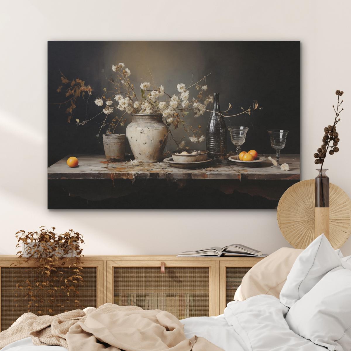 AKUSTIKBILD Stilleben - Blumen - Blumenstrauß - Vase - Wein Akustikpaneele 90x60 cm - Schwarz, Kunststoff (90/60/0.9cm) - MuchoWow