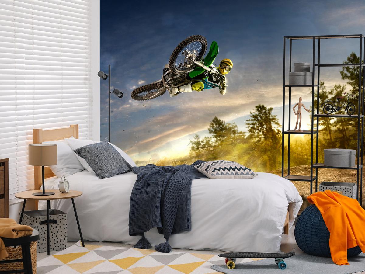 FOTOTAPETE für Jugendzimmer Motocross Sprung Berge Bäume 100x70 - Gelb/Beige, Papier (100/70cm) - Muralo