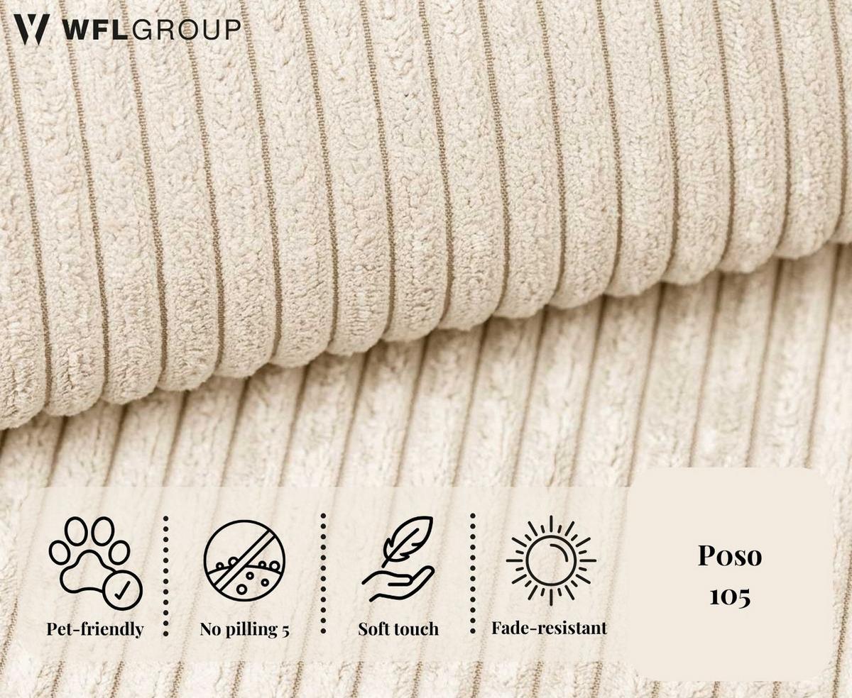 ECKSOFA Hana Loft 3-Sitzer Ecke Links, Cordstoff Chenille, Creme 241/80/168 cm - Creme/Schwarz, Textil/Metall (241/168cm) - WFL GROUP