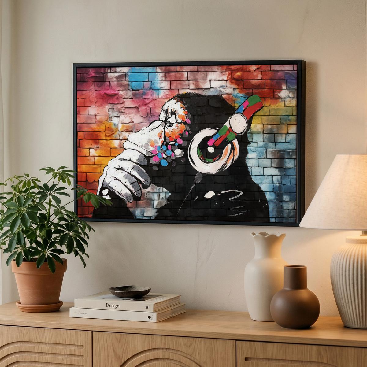 LEINWAND Bilder mit Rahmen - Affe - Graffiti - Musik - 60x40 - Multicolor, Textil (60/40cm) - MuchoWow
