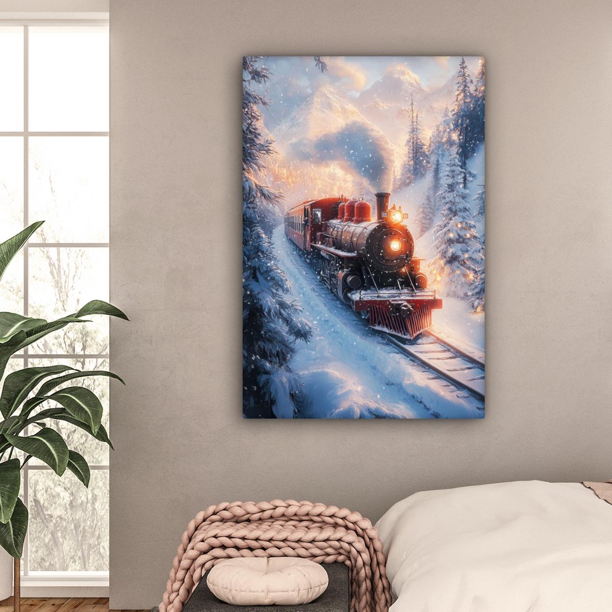 LEINWANDBILD Weihnachtszug - Schnee - Winter - Weihnachten Deko XXL 80x120 cm - Dunkelrot, Textil (80/120cm) - MuchoWow