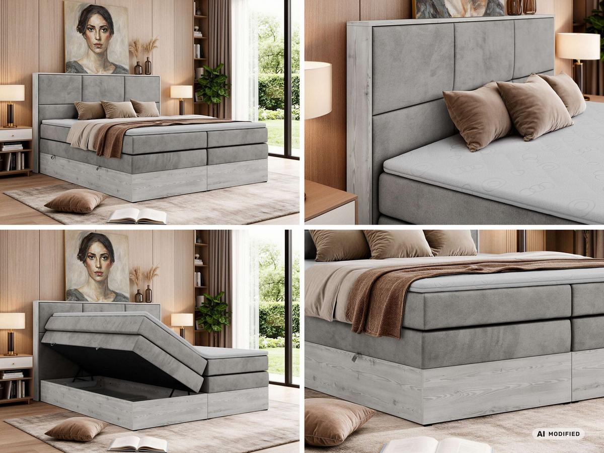 BOXSPRINGBETT DELNOR KING 140/200 - Hellgrau Velvet - Topper Visco - H3 - Hellgrau/Schwarz, Kunststoff/Textil (140/200cm) - MKS