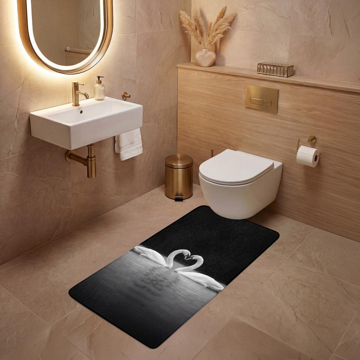 WC-VORLEGER Schwäne - Herz - Schwarz - Weiß Toilettenvorleger 60x120 cm - Schwarz, Textil (60/1cm) - OnlyWow