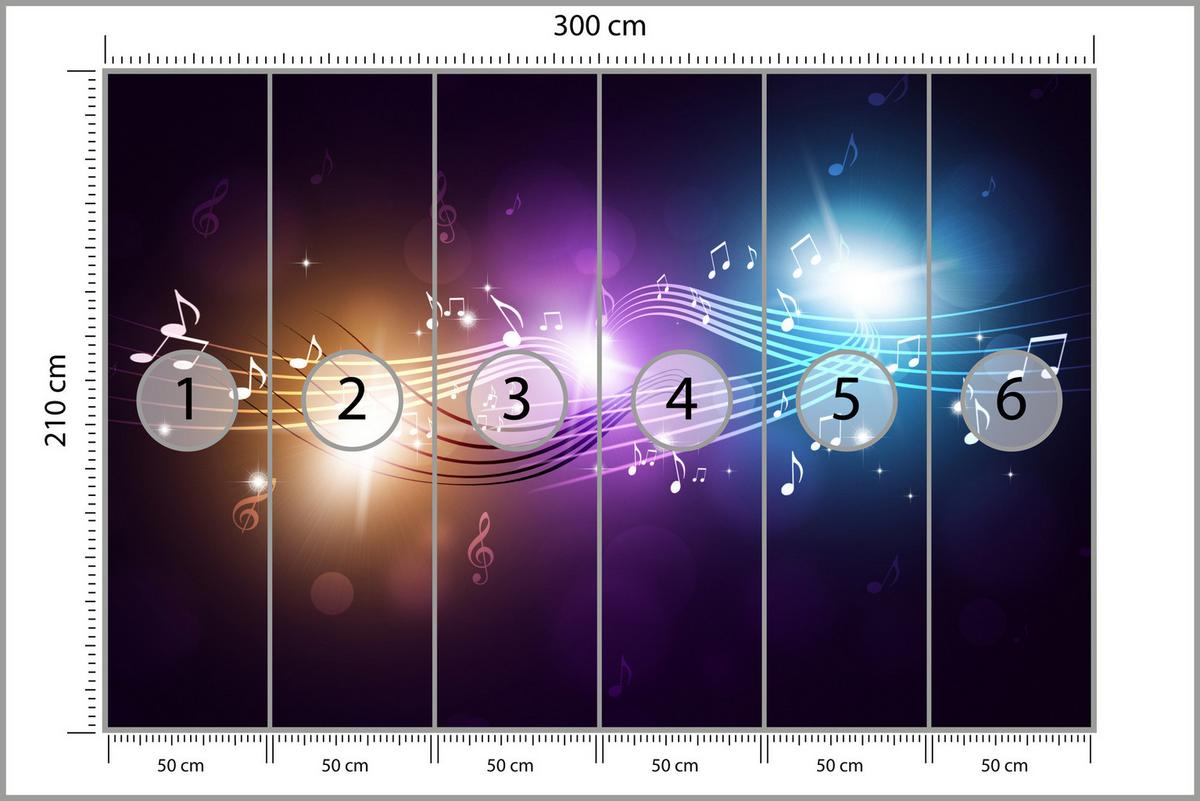 FOTOTAPETE für Jugendzimmer Noten Buntes Hintergrund Musik 300x210 - Blau/Gelb, Papier (300/210cm) - Muralo