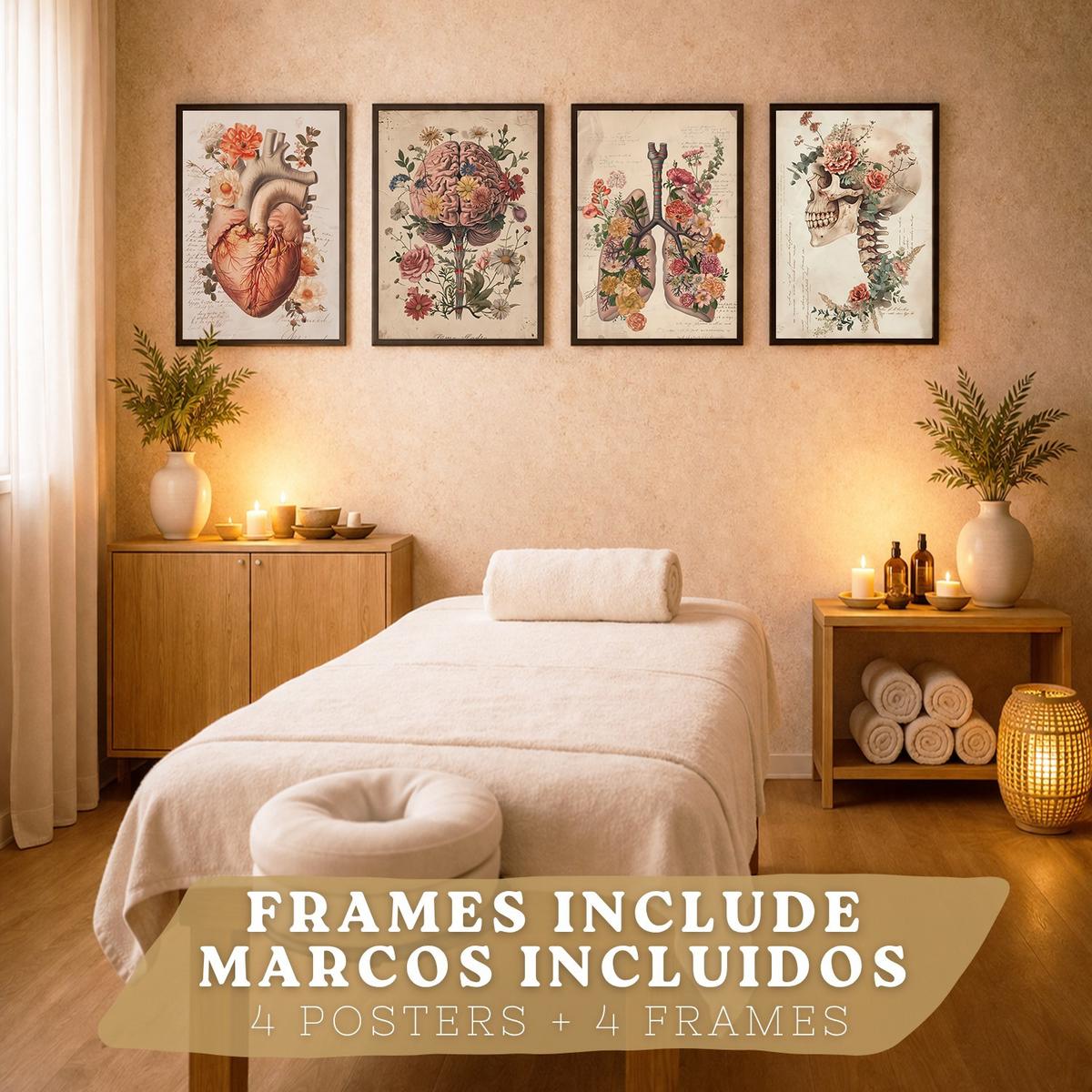 POSTER Set aus 4 Vintage Anatomie Drucke und Wandbilder mit Blumen Herz Lungen Schädel und Gehirn Wanddekoration Größe Schwarzer Rahmen A4 - Schwarz, Papier (21/29.7/3cm) - Nacnic