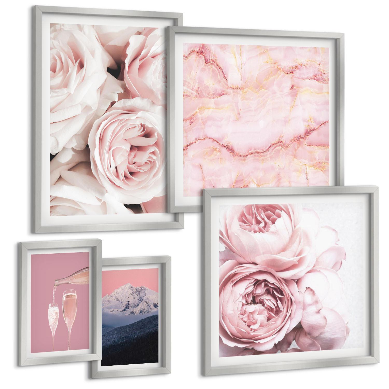 BILDER SET 5er Set - 50x50 cm & 20x30 cm & 40x60 cm Silberner Rahmen - Eiffels Porträt einer Frau mit Rosen - Silberfarben, Kunststoff (40/60cm) - TULUP
