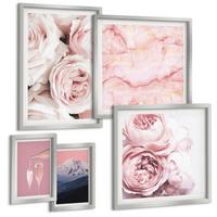 BILDER SET 5er Set - 50x50 cm & 20x30 cm & 40x60 cm Silberner Rahmen - Eiffels Porträt einer Frau mit Rosen - Silberfarben, Kunststoff (40/60cm) - TULUP