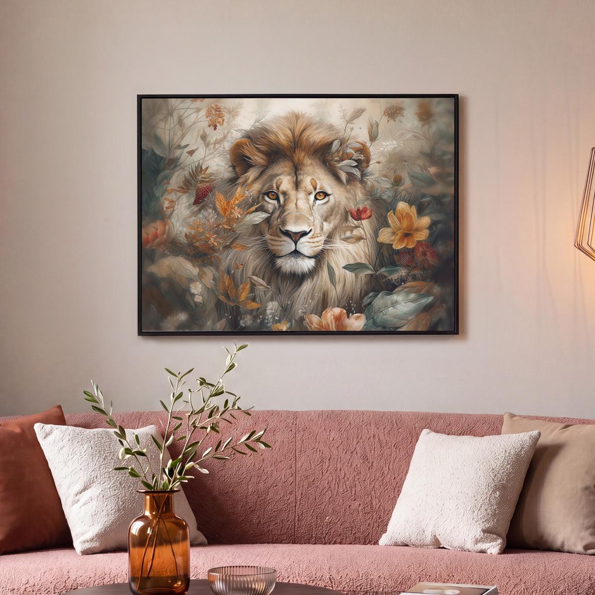 LEINWAND Bilder mit Rahmen - Löwe - Wildtiere - Pflanzen - Natur - Blumen - 80x60 - Beige, Textil (80/60cm) - MuchoWow