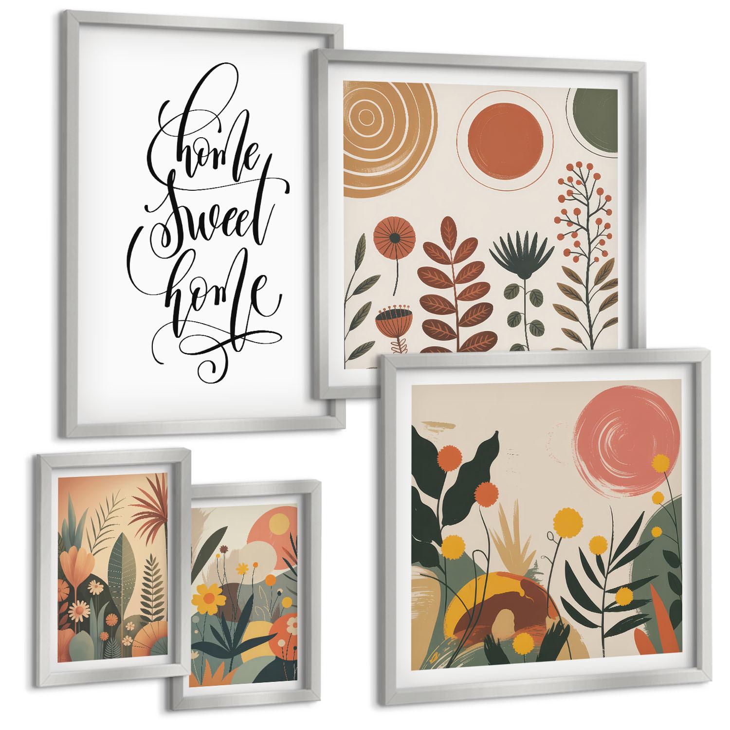 BILDER SET 5er Set - 50x50 cm & 20x30 cm & 40x60 cm Silberner Rahmen - Pastellfarbene Pflanzenmuster - Silberfarben, Kunststoff (40/60cm) - TULUP