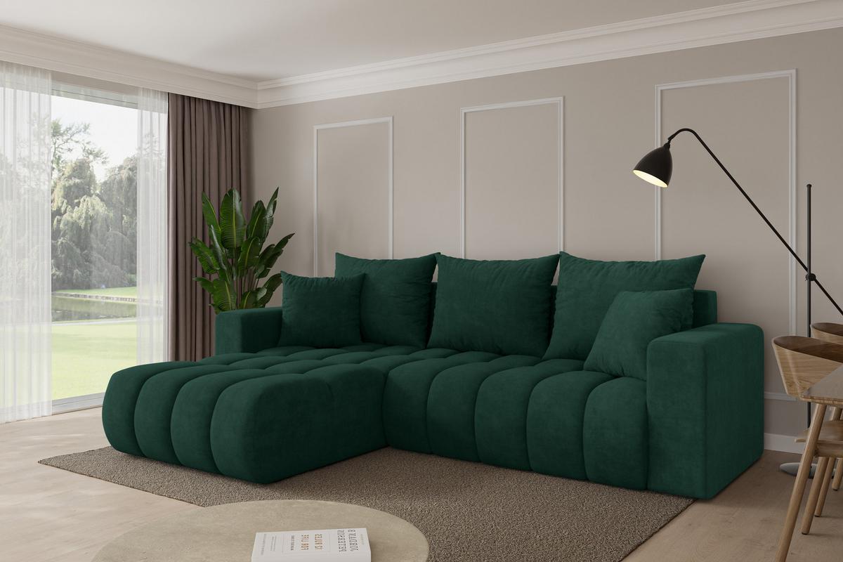 ECKSOFA mit Schlaffunktion Ottomane Links MILA-L-v1 277x195x86 Grün Velours - Schwarz/Grün, Holzwerkstoff/Kunststoff (277/194cm) - ALTDECOR