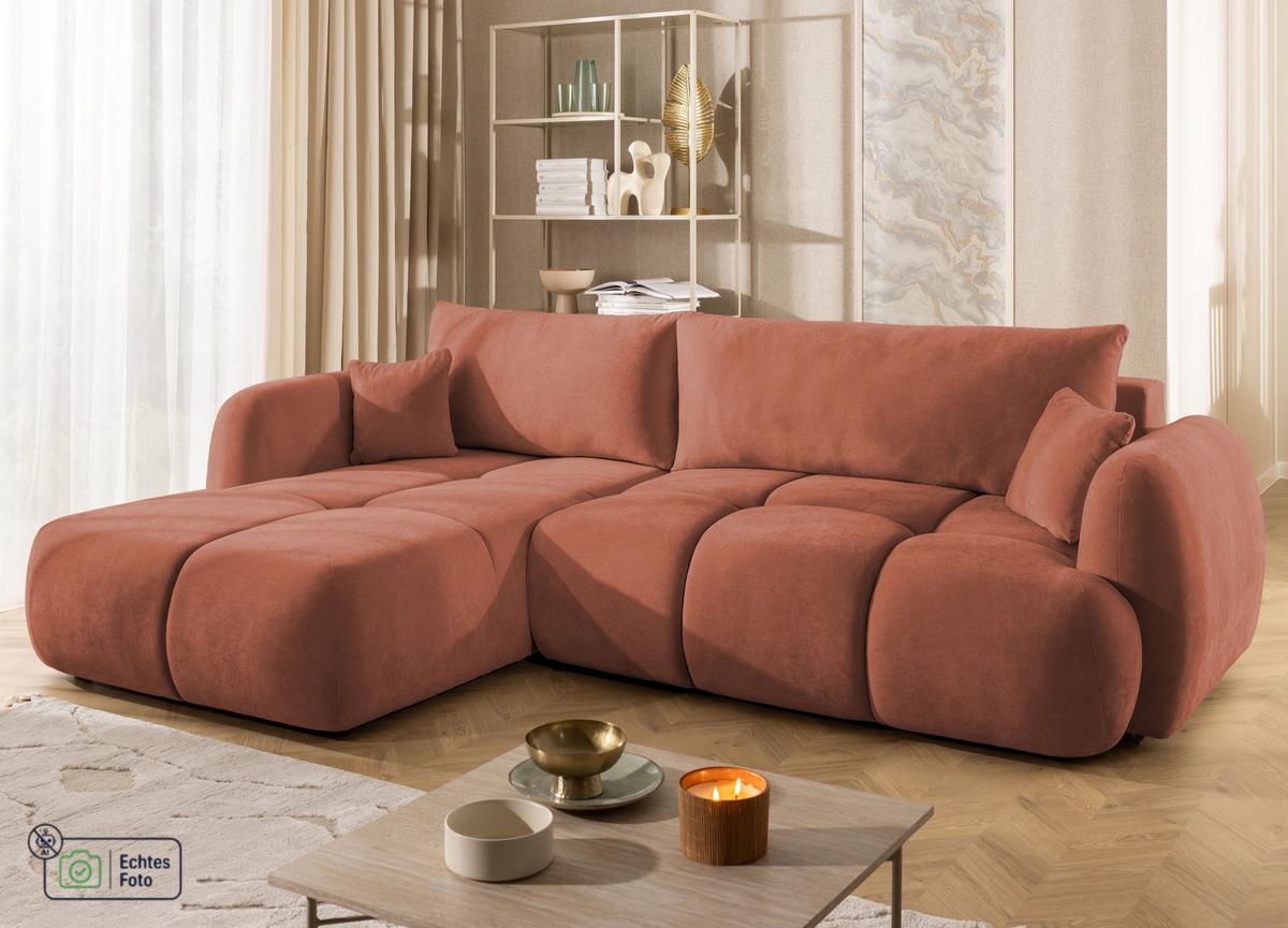 ECKSOFA Loretto aus natürlichem Terrakotta Webstoff mit Schlaffunktion, Bettkasten und tiefen Steppungen in Bubble-Optik - Terracotta/Schwarz, Holz/Kunststoff (180/275cm) - S-Style