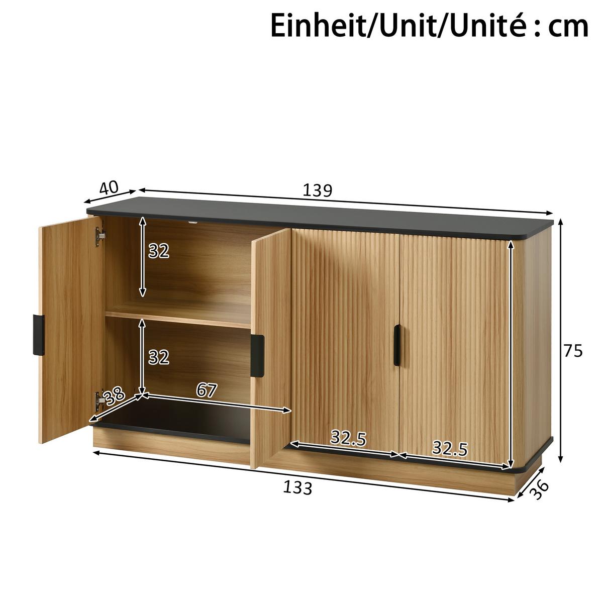 SIDEBOARD in Holzoptik mit Riffel-Design, mit 4 Türen und stummen Scharnieren - Naturfarben, Holzwerkstoff (139/75/40cm) - Urban Meuble