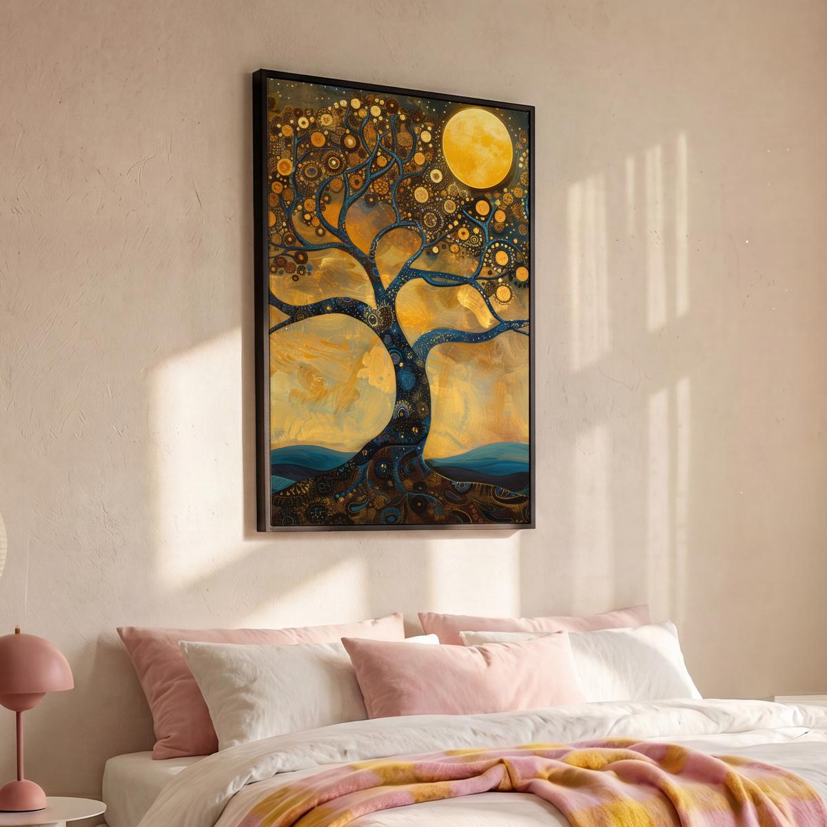 LEINWAND Bilder mit Rahmen - Baum - Mond - Blumen - Gold - Kunst - 90x140 - Orange, Textil (90/140cm) - MuchoWow