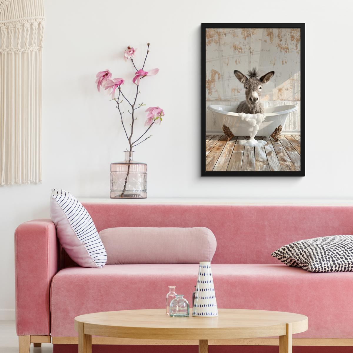 POSTER MIT RAHMEN Esel - Tiere - Badewanne - Schaumstoff Bilder mit Rahmen 40x60 cm - Weiß, Papier (40/60cm) - MuchoWow