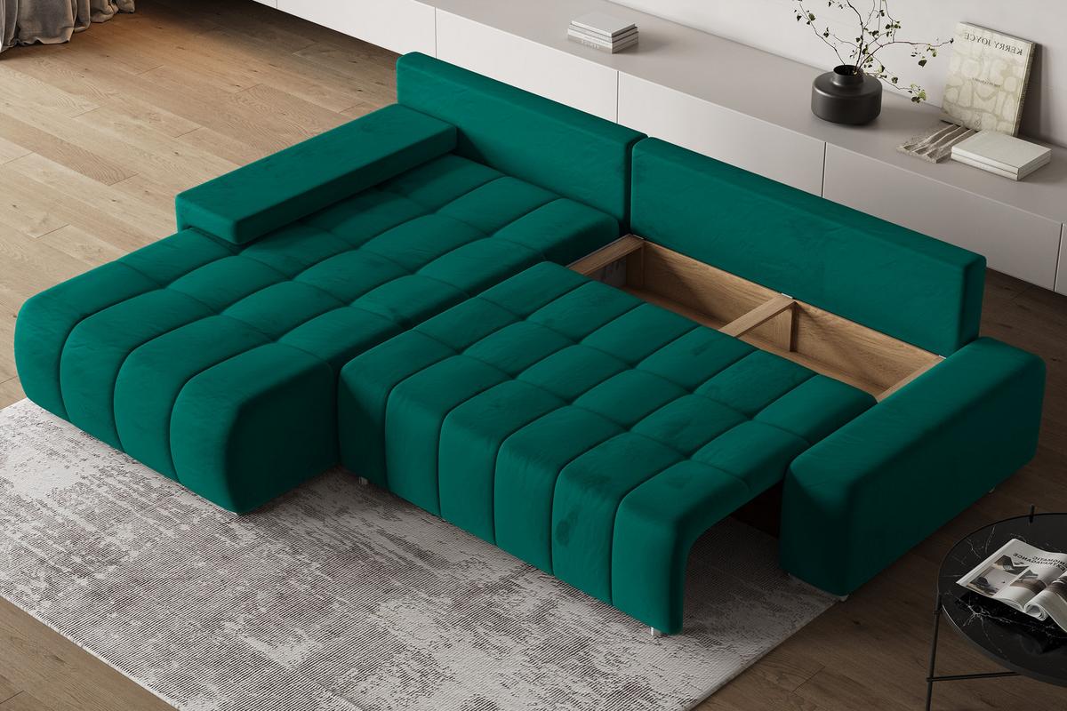 ECKSOFA ALESE L-S Grün Velours-Stoff mit Schlaffunktion - Silberfarben/Grün, Holz/Textil (265/185cm) - MASSENO