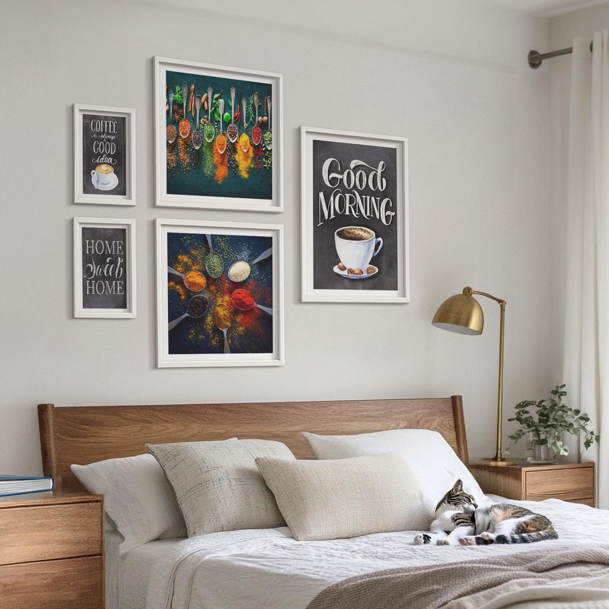 BILDER SET 5er Set - 50x50 cm & 20x30 cm & 40x60 cm Weißer Rahmen - Gewürze, Kaffee, Tasse, Kräuter - Weiß, Kunststoff (40/60cm) - TULUP