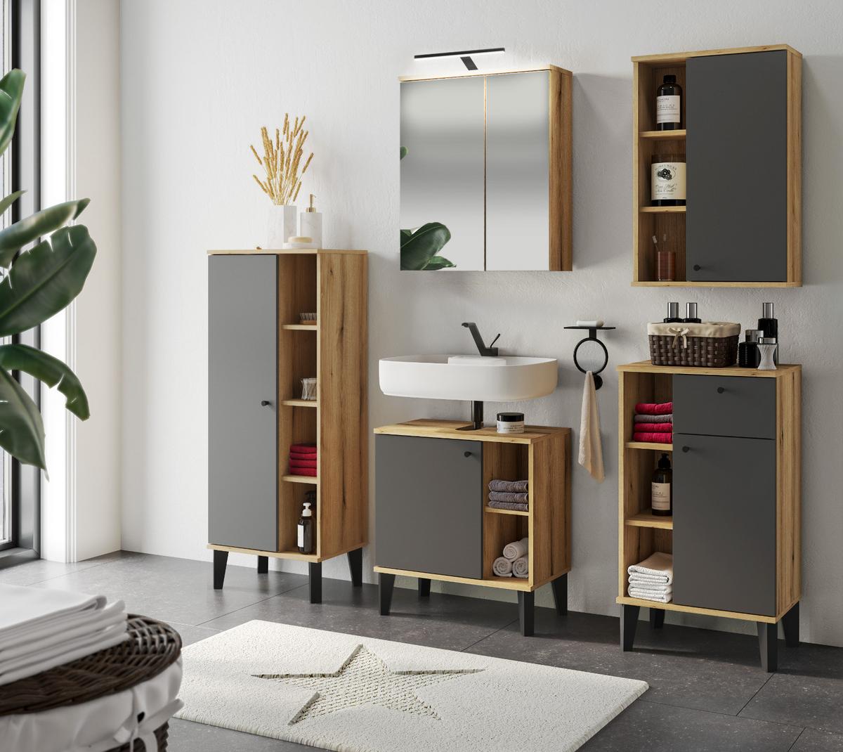 BADMÖBEL-SET 5-teilig grau, Evoke Eiche, Badkombination, 182 x 190 cm - Eichefarben/Grau, Glas/Holzwerkstoff (182/190/33cm) - Furn.Design