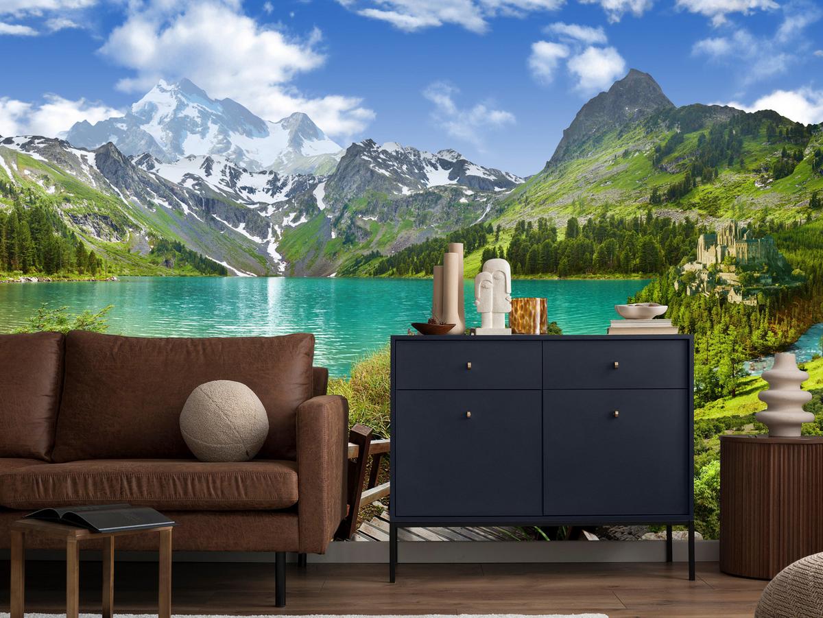 FOTOTAPETE für Wohnzimmer Holzsteg Bergsee Pflanzen Ruhe 200x140 - Türkis/Blau, Papier (200/140cm) - Muralo
