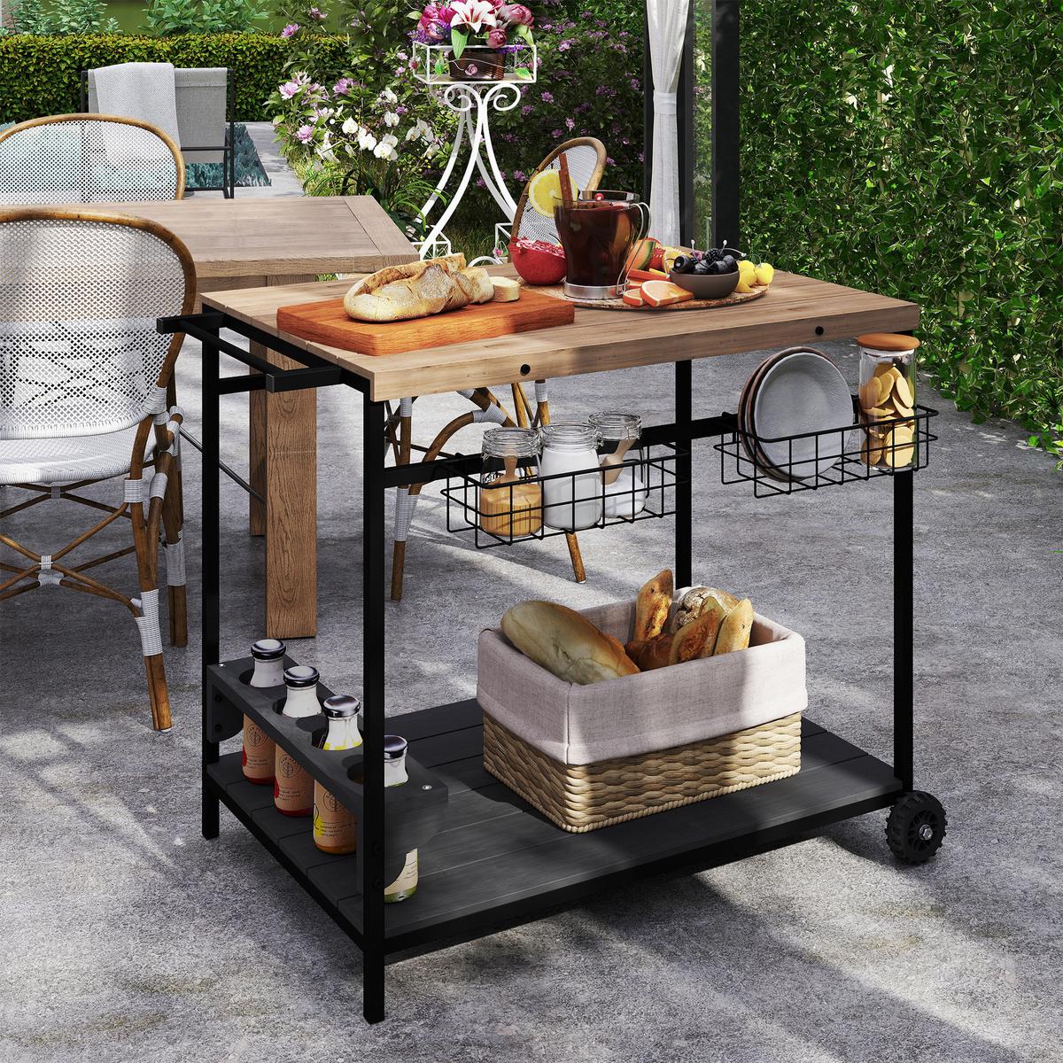 GARTENROLLWAGEN mit 2 Ebenen, mit Aufbewahrungskorb, mit Griff, Tanne, Natur - Fichtefarben, Holz (65/81/97.5cm) - Outsunny