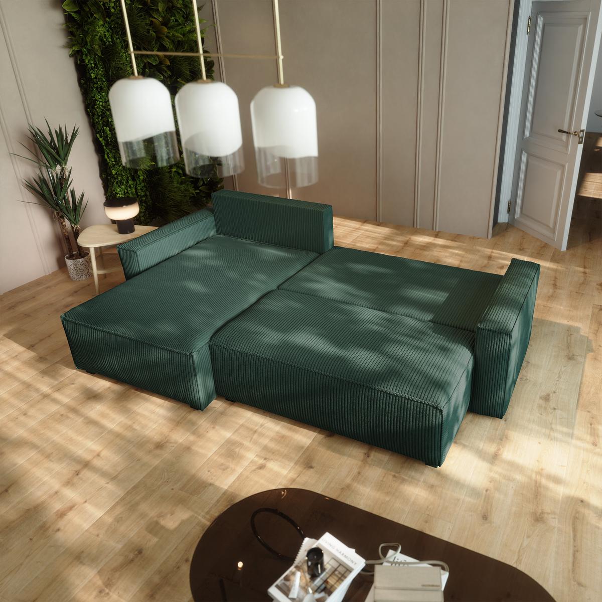 ECKSOFA BESMIR Grün Kordstoff mit Schlaffunktion - Grün, Holz (275/148cm) - MASSENO