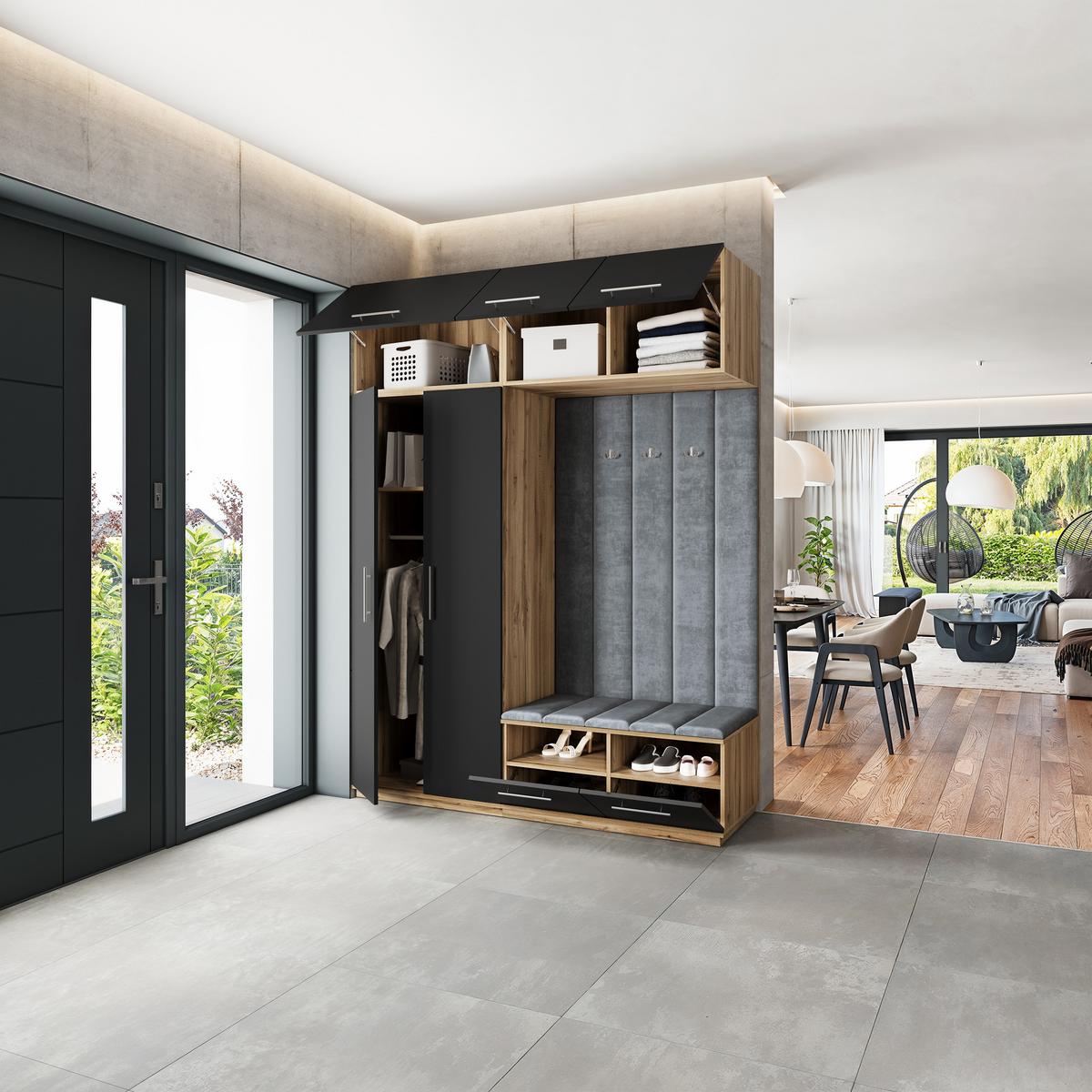 GARDEROBENSCHRANK REMA 180/240/60 cm Modern Garderobe-Set Eiche Wotan - Eiche Wotan/Schwarz, Holzwerkstoff (180/240/60cm) - MASSENO