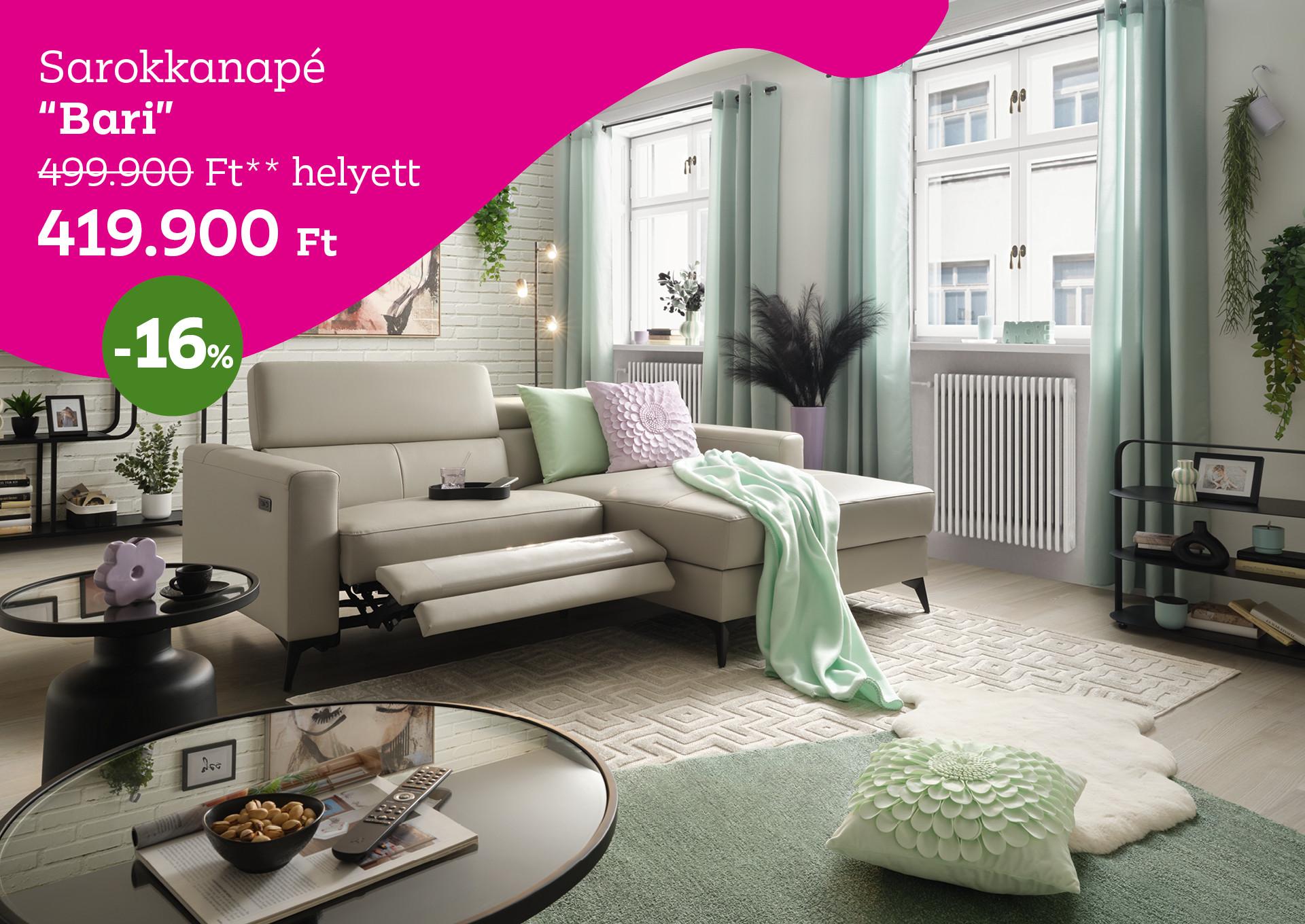 Sarokkanapé Bari 499900 Forint helyett 419900 Forint, kedvezmény mértéke 16%