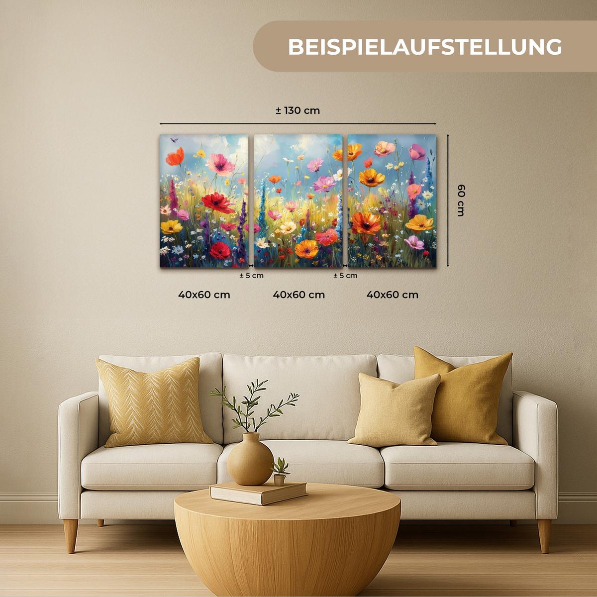 LEINWANDBILD 3er Set Blumen - Frühling - Farbenfroh - Sommerlich 120x60 cm - Orange, Textil (120/60cm) - MuchoWow