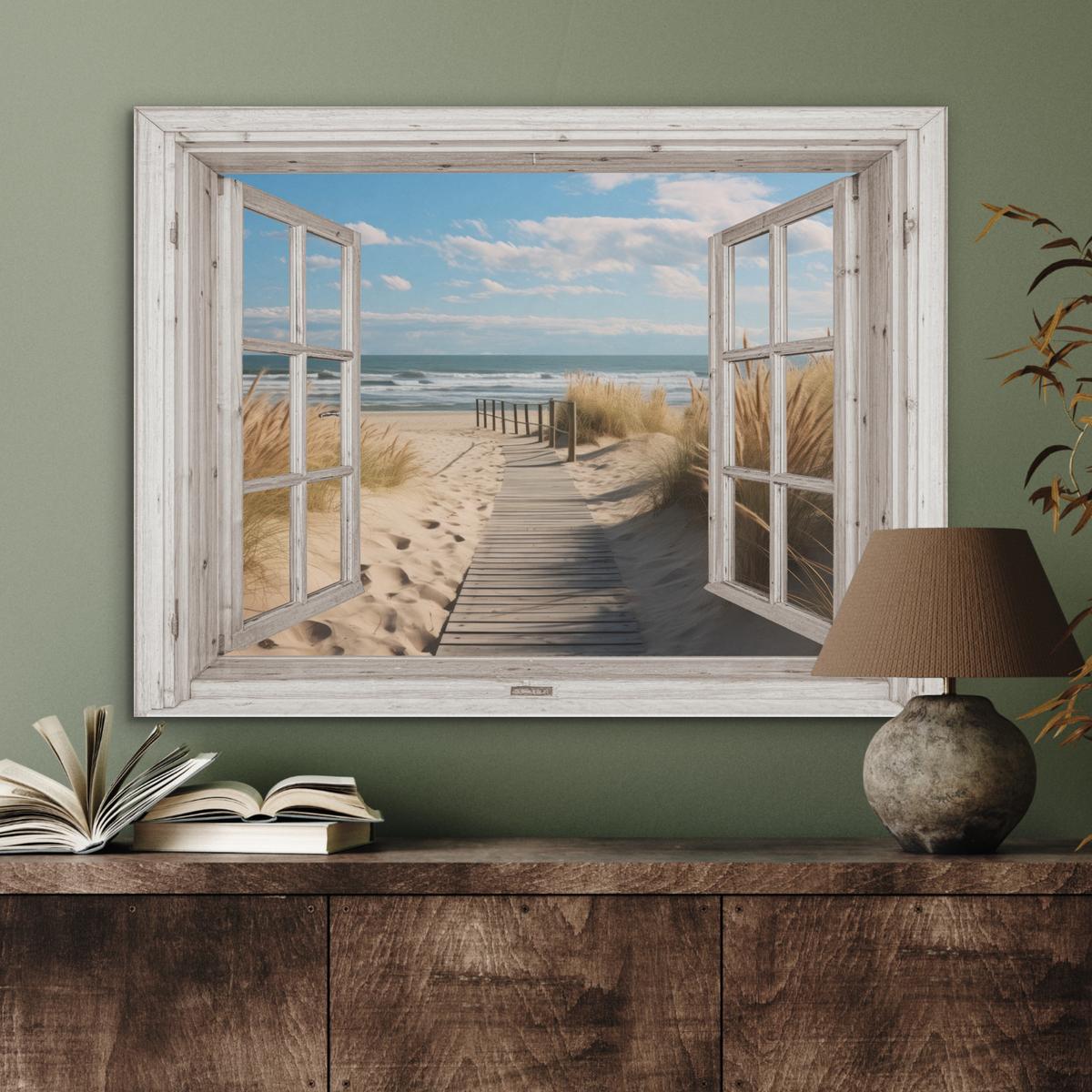 AKUSTIKBILD Fenster - Meer - Küste - Natur - Ausblick - Strand - Wattenmeer Gemälde 80x60 cm - Beige, Kunststoff (80/60/0.9cm) - MuchoWow