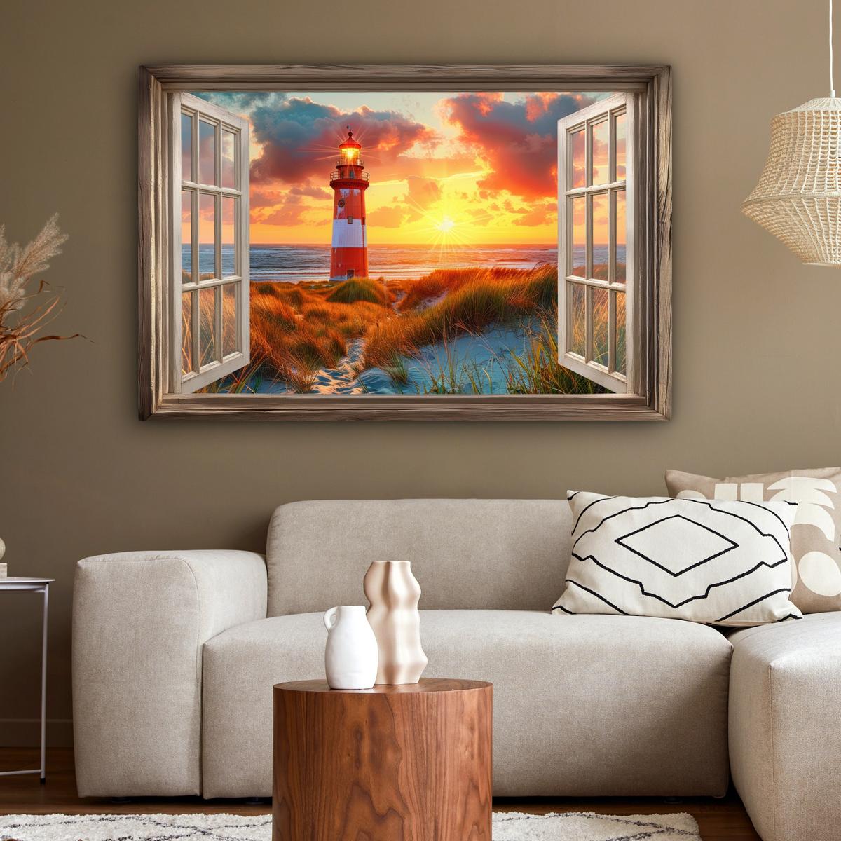 LEINWANDBILD Aussicht - Fenster - Leuchtturm - Sonnenuntergang - Strand Wohnzimmer Groß 120x80 cm - Dunkelorange, Textil (120/80cm) - MuchoWow