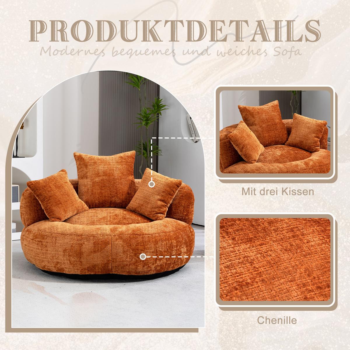 SITZSACK in Chenille mit 3 Kissen - Orange, Textil (108/52/108cm) - Urban Meuble