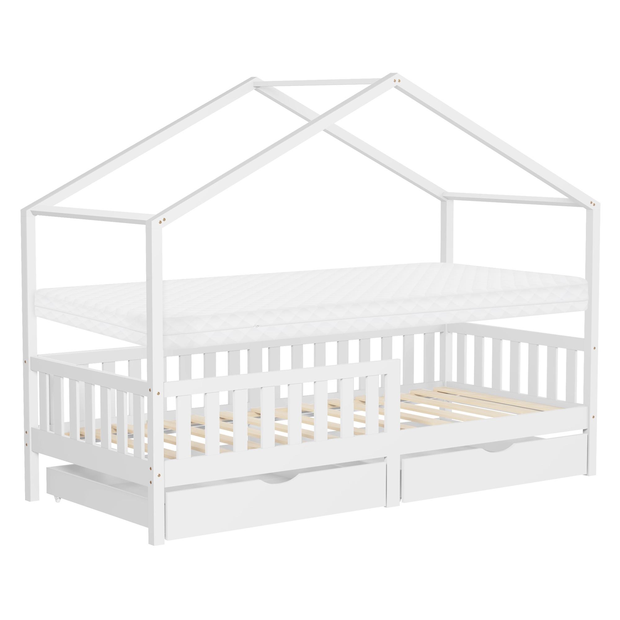 HAUSBETT mit Matratze 90x200 cm und 2 Schubladen Weiß aus Kiefernholz - Weiß, Holz (90/200cm) - ML-DESIGN