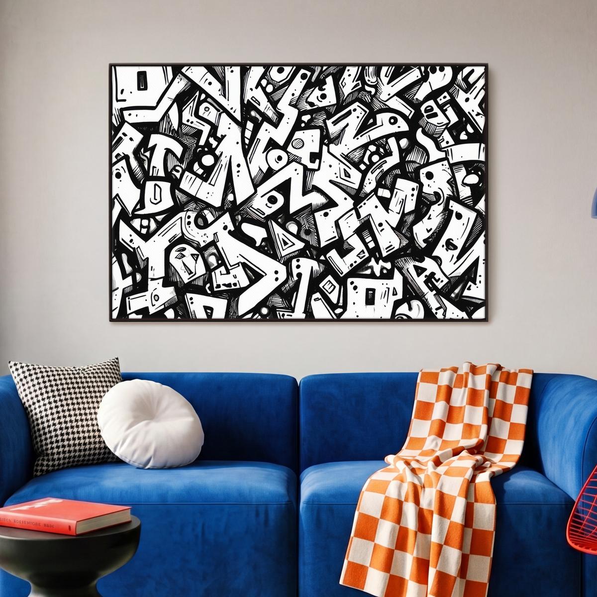 LEINWAND Bilder mit Rahmen - Formen - Buchstaben - Graffiti - Schwarz - 90x60 - Schwarz, Textil (90/60cm) - MuchoWow