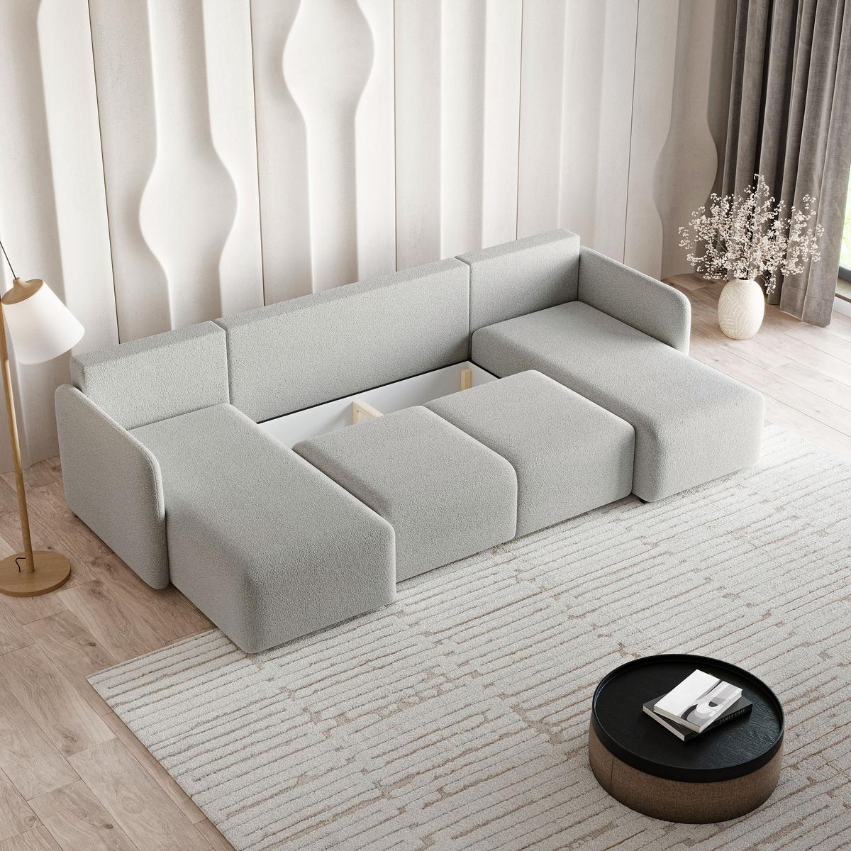 WOHNLANDSCHAFT NUBERO Hellgrau Boucle-Stoff mit Schlaffunktion - Hellgrau, Holz (285/85/143cm) - MASSENO