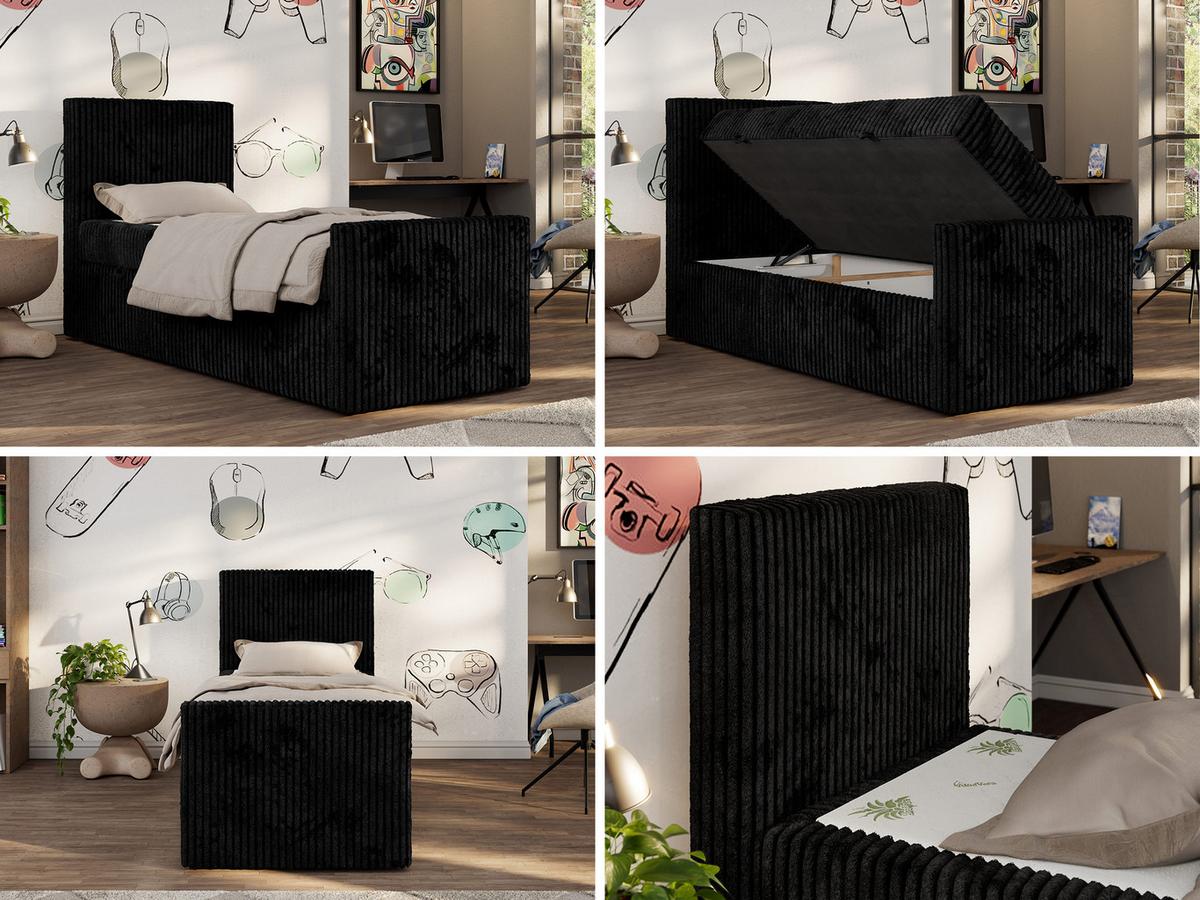 JUGENDBETT TILIO DUO 90/200 - Schwarz Cord - H3 - Links Seite - Schwarz, Textil (90/200cm) - MKS