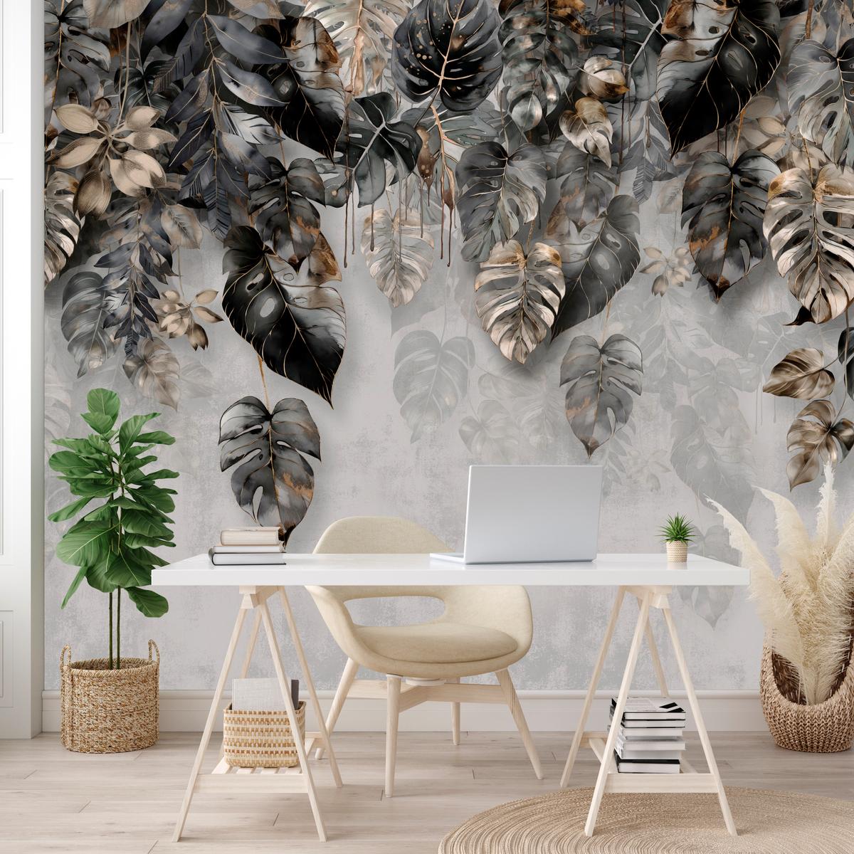 FOTOTAPETE für Wohnzimme Tropenblätter Beton Monstera 450x315 - Gelb/Schwarz, Papier (450/315cm) - Muralo