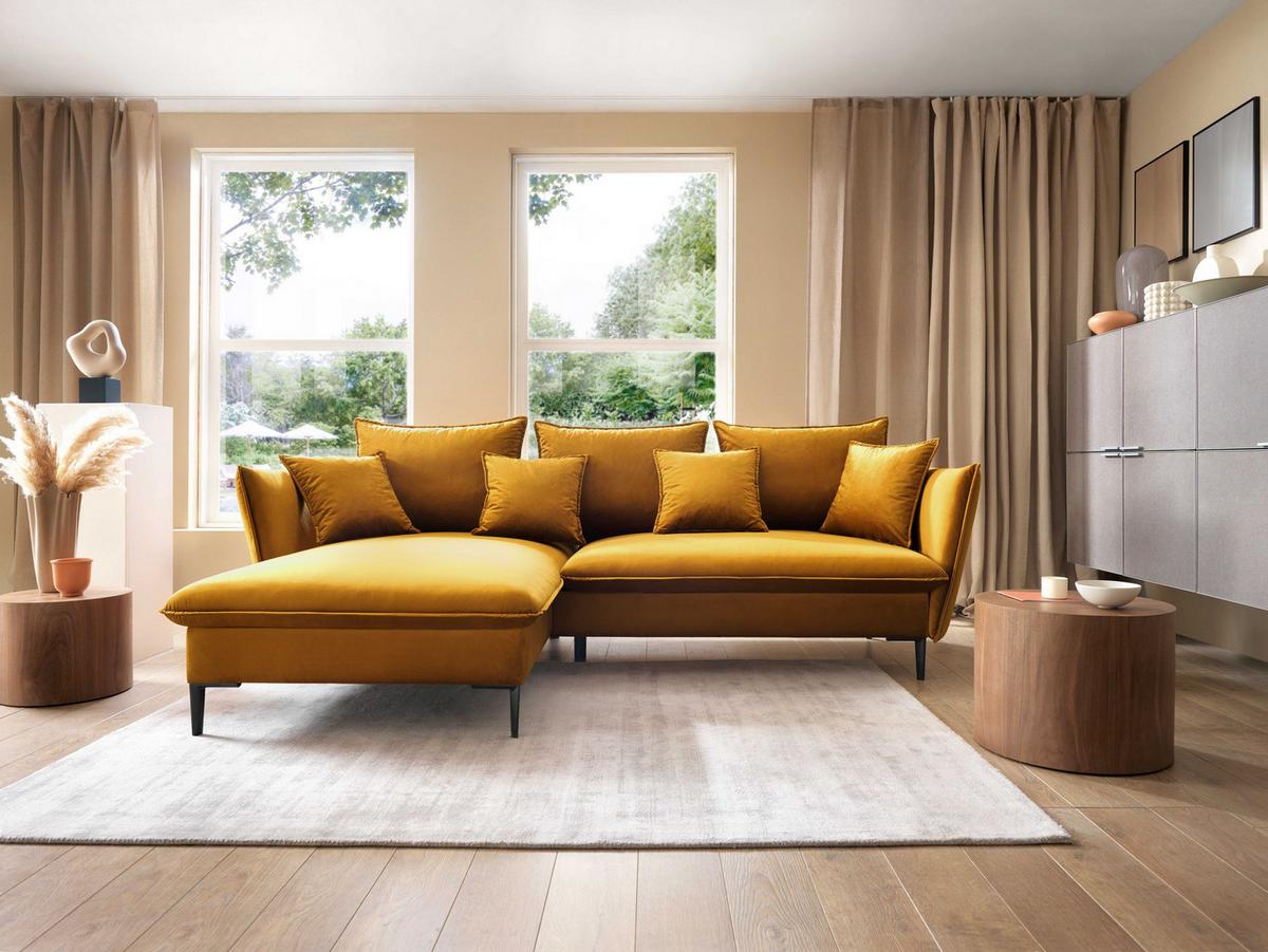 ECKSOFA SOLE Gelb Plüsch-Stoff mit Schlaffunktion - Gelb, Holz (258/167cm) - MASSENO