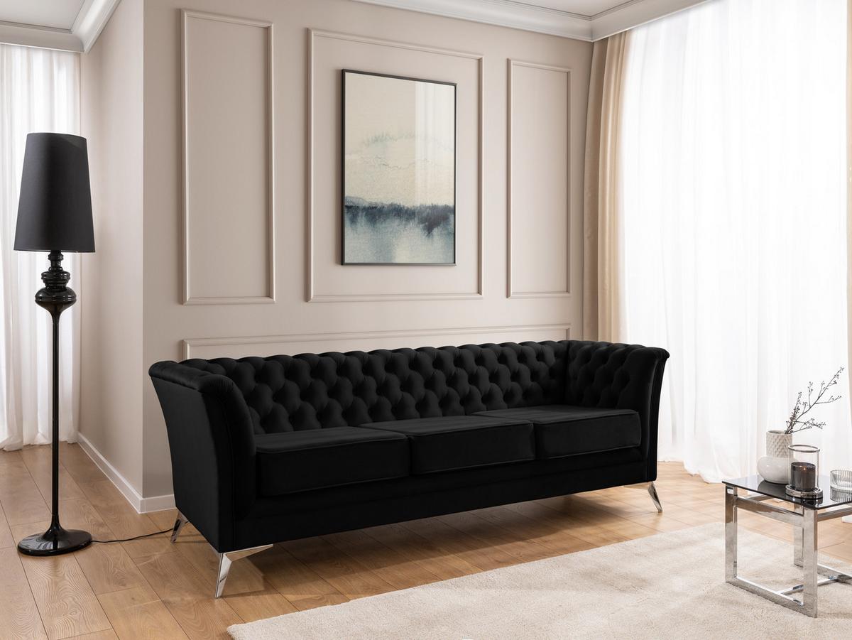 CHESTERFIELD-SOFA 3-sitzer Whitby Schwarz Samt mit silbernen Füßen - Silberfarben/Schwarz, Holz/Textil (237/78/82cm) - S-Style Möbel